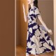 Elegant Style V-neck Floral A-line Tie Knot Women Skirt Midi Dress - Blue image
