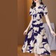 Elegant Style V-neck Floral A-line Tie Knot Women Skirt Midi Dress - Blue image