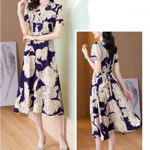 Elegant Style V-neck Floral A-line Tie Knot Women Skirt Midi Dress - Blue image