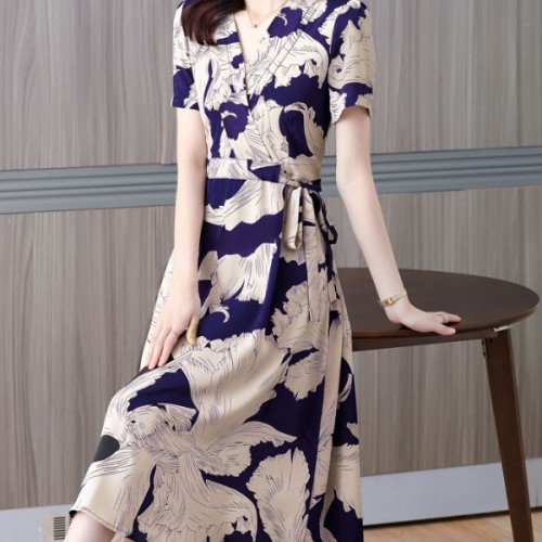 Elegant Style V-neck Floral A-line Tie Knot Women Skirt Midi Dress - Blue image