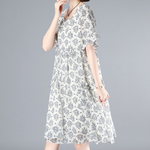 Elegant Leaves Printed Loose Trumpet Sleeve Women Midi Dress - White image