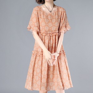 Elegant Leaves Printed Loose Trumpet Sleeve Women Midi Dress - Pink