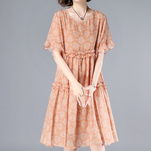Elegant Leaves Printed Loose Trumpet Sleeve Women Midi Dress - Pink image
