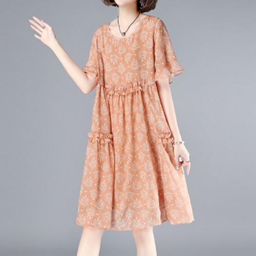 Elegant Leaves Printed Loose Trumpet Sleeve Women Midi Dress - Pink image