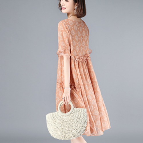 Elegant Leaves Printed Loose Trumpet Sleeve Women Midi Dress - Pink image