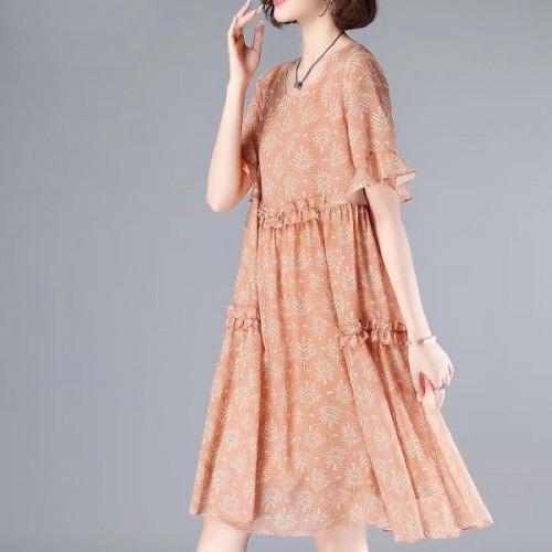 Elegant Leaves Printed Loose Trumpet Sleeve Women Midi Dress - Pink image