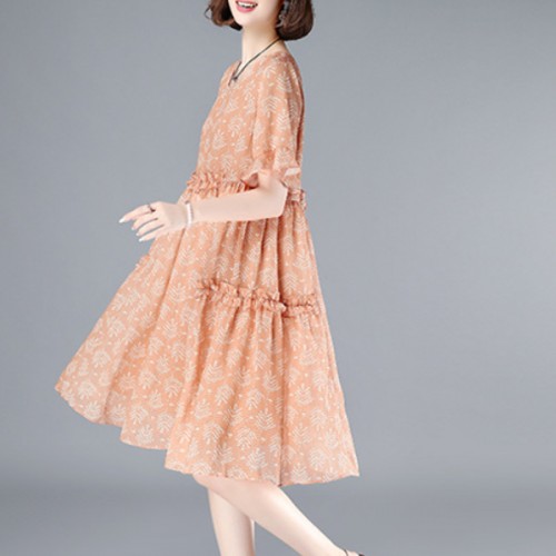 Elegant Leaves Printed Loose Trumpet Sleeve Women Midi Dress - Pink image