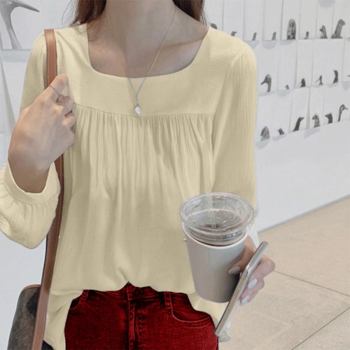 Elegant Square Collar Spaghetti Long Sleeve Cuffed Blouse Women Top - Yellow image