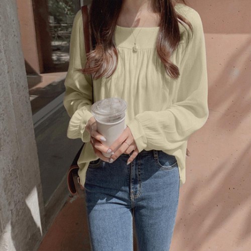Elegant Square Collar Spaghetti Long Sleeve Cuffed Blouse Women Top - Yellow image