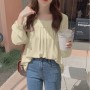 Elegant Square Collar Spaghetti Long Sleeve Cuffed Blouse Women Top - Yellow
