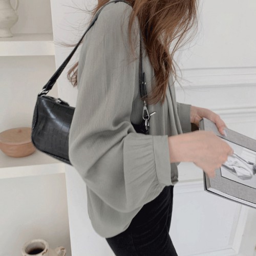 Elegant Square Collar Spaghetti Long Sleeve Cuffed Blouse Women Top - Grey image