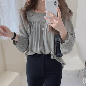 Elegant Square Collar Spaghetti Long Sleeve Cuffed Blouse Women Top - Grey