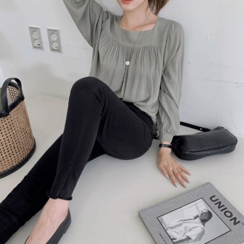 Elegant Square Collar Spaghetti Long Sleeve Cuffed Blouse Women Top - Grey image