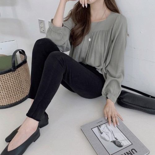 Elegant Square Collar Spaghetti Long Sleeve Cuffed Blouse Women Top - Grey image