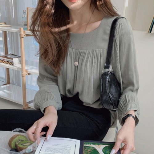 Elegant Square Collar Spaghetti Long Sleeve Cuffed Blouse Women Top - Grey image