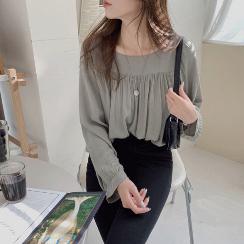 Elegant Square Collar Spaghetti Long Sleeve Cuffed Blouse Women Top - Grey image