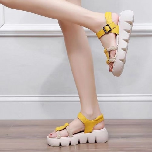 Roman Style Sequin Buckle Strappy Fish Mouth Women Sandals - Yellow image
