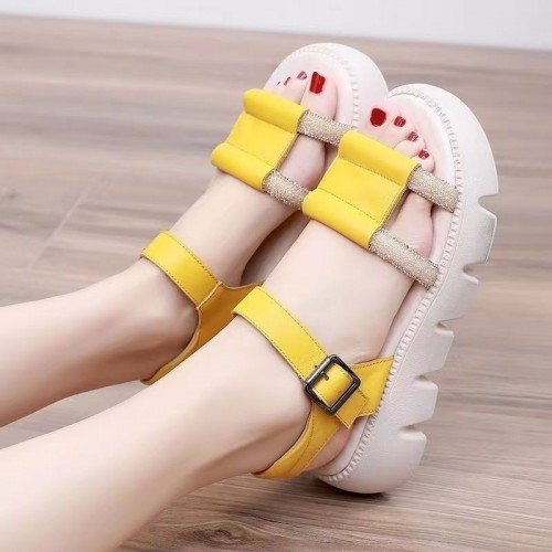 Roman Style Sequin Buckle Strappy Fish Mouth Women Sandals - Yellow image
