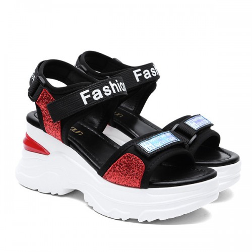 Luxury Strappy Thick Bottom Velcro Fish Mouth Sports Sandals - Red image