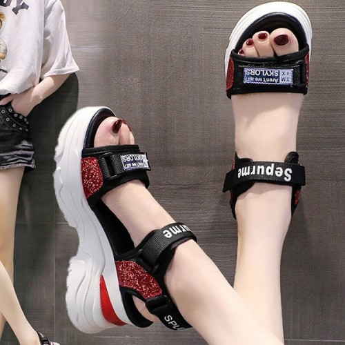 Luxury Strappy Thick Bottom Velcro Fish Mouth Sports Sandals - Red image