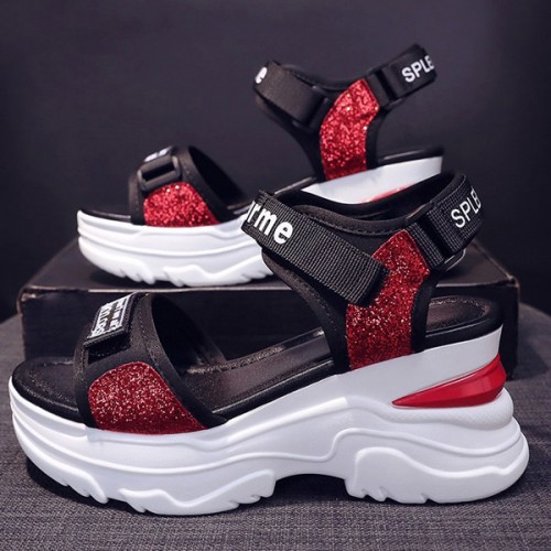 Luxury Strappy Thick Bottom Velcro Fish Mouth Sports Sandals - Red image