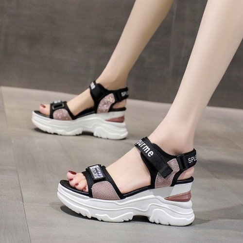 Luxury Strappy Thick Bottom Velcro Fish Mouth Sports Sandals - Pink image