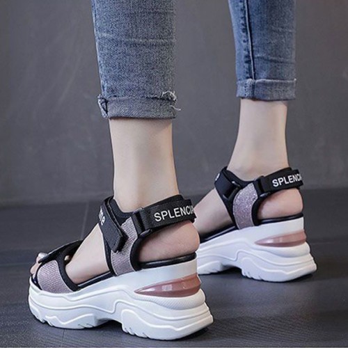 Luxury Strappy Thick Bottom Velcro Fish Mouth Sports Sandals - Pink image