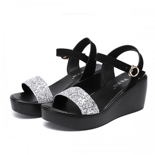 Sequin Platform Thick Bottom Strappy Women Sandals - Silver image