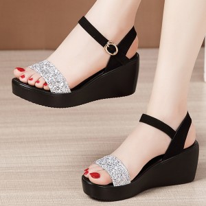 Sequin Platform Thick Bottom Strappy Women Sandals - Silver