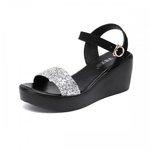 Sequin Platform Thick Bottom Strappy Women Sandals - Silver image