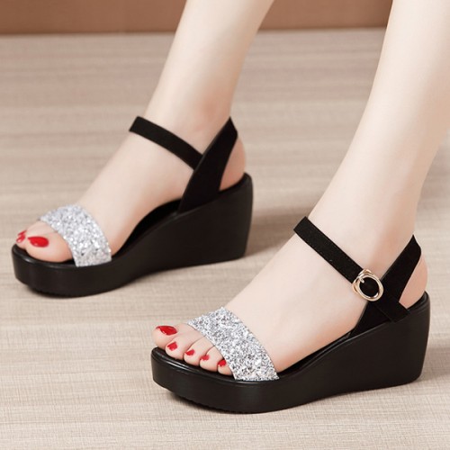 Sequin Platform Thick Bottom Strappy Women Sandals - Silver image