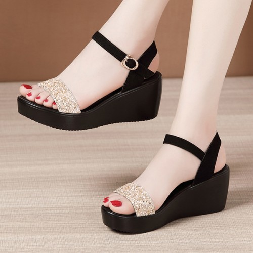 Sequin Platform Thick Bottom Strappy Women Sandals - Gold image