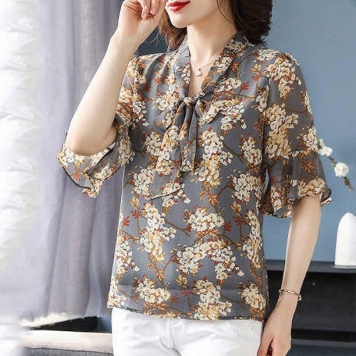 Comfort & Leisure Floral Bow V-neck Half Flare Sleeve Blouse Tops - Grey image