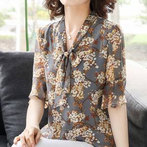 Comfort & Leisure Floral Bow V-neck Half Flare Sleeve Blouse Tops - Grey