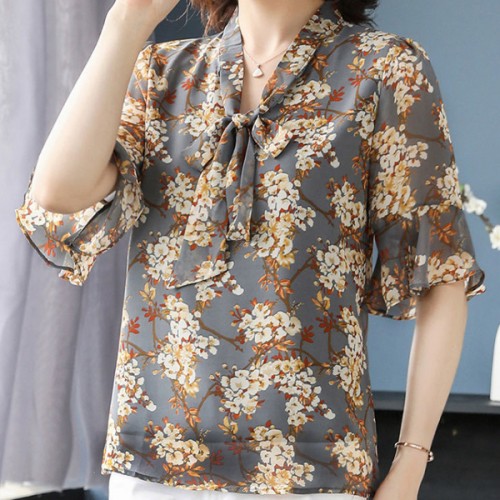 Comfort & Leisure Floral Bow V-neck Half Flare Sleeve Blouse Tops - Grey image