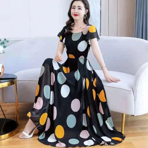 Elastic Waist Swing Polka Dot Square Neck Gown Maxi Long Dress - Black image
