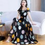 Elastic Waist Swing Polka Dot Square Neck Gown Maxi Long Dress - Black