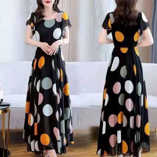 Elastic Waist Swing Polka Dot Square Neck Gown Maxi Long Dress - Black image