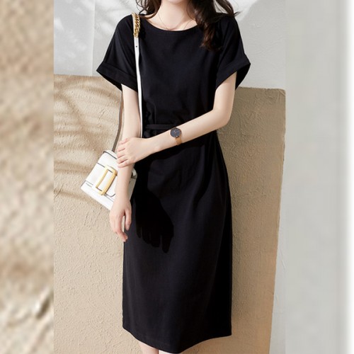 Solid Lace Up Loose Waist A Line Round Neck Women Midi Dress - Black image