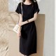 Solid Lace Up Loose Waist A Line Round Neck Women Midi Dress - Black image