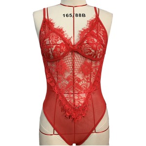 Hollow Eyelashes Lace Shapewear Garter Backless Bodysuit - Red