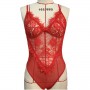 Hollow Eyelashes Lace Shapewear Garter Backless Bodysuit - Red