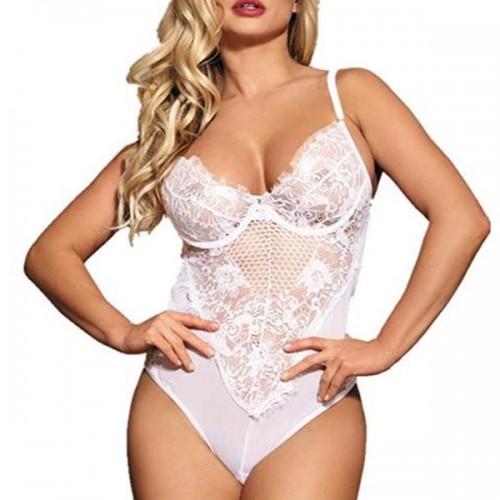 Hollow Eyelashes Lace Shapewear Garter Backless Bodysuit - White image