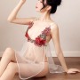 Elegant Rose Design V Neck Transparent Lingerie Nightdress Set - White