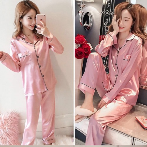 Sloid Color Silk Lapel Long Sleeve Pajama Cardigan Nightwear - Pink image