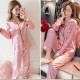 Sloid Color Silk Lapel Long Sleeve Pajama Cardigan Nightwear - Pink image