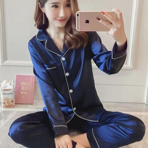 Sloid Color Silk Lapel Long Sleeve Pajama Cardigan Nightwear - Blue image
