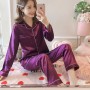 Sloid Color Silk Lapel Long Sleeve Pajama Cardigan Nightwear - Purple