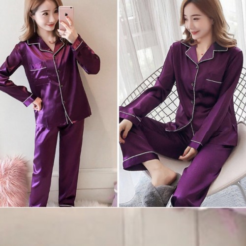 Sloid Color Silk Lapel Long Sleeve Pajama Cardigan Nightwear - Purple image