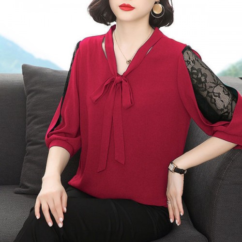 Super Fairy V-neck Pullover Bowknot Loose Belly Covering Women Tops - Red image